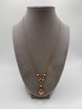 1928 Signed Locket Necklace Pink Flower Enamel Pendant Gold Tone Vintage